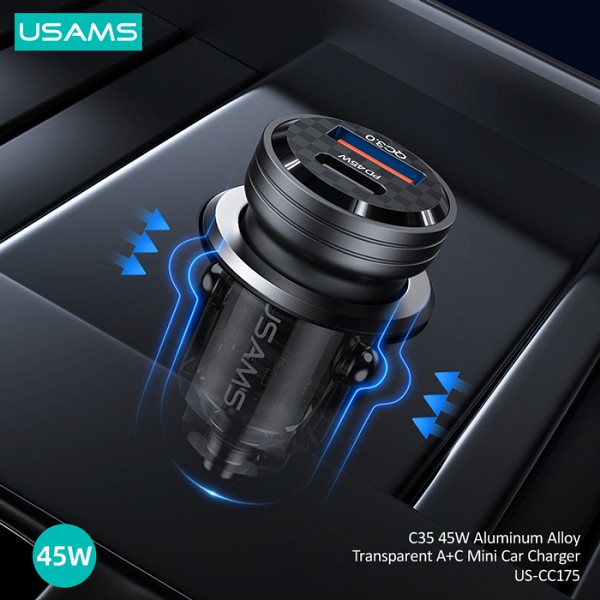 USAMS φορτιστής αυτοκινήτου US-CC175, USB & USB-C, 45W, QC & PD, μαύρος CC175CC01