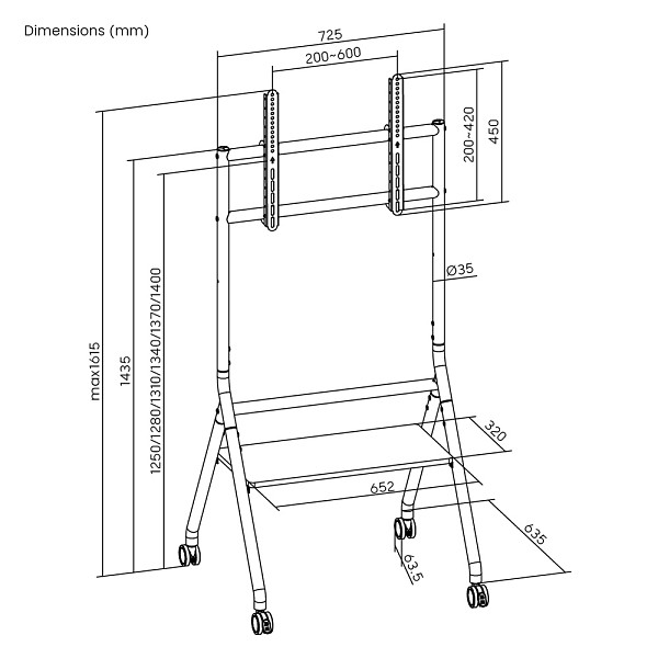 BRATECK βάση δαπέδου TTF13E-46FW για τηλεόραση 37-86 έως 80kg, με ράφι & ροδάκια TTF13E-46FW