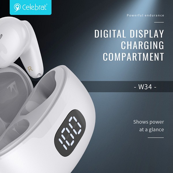 CELEBRAT earphones με θήκη φόρτισης TWS-W34, True Wireless, Φ13mm, μαύρα W34-BK