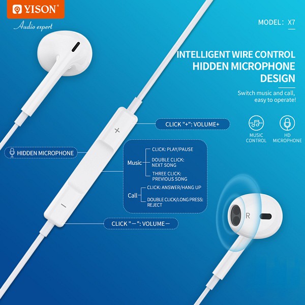 YISON earphones με μικρόφωνο X7, Lightning σύνδεση, Φ14mm, 1.2m, λευκά X7-LWH