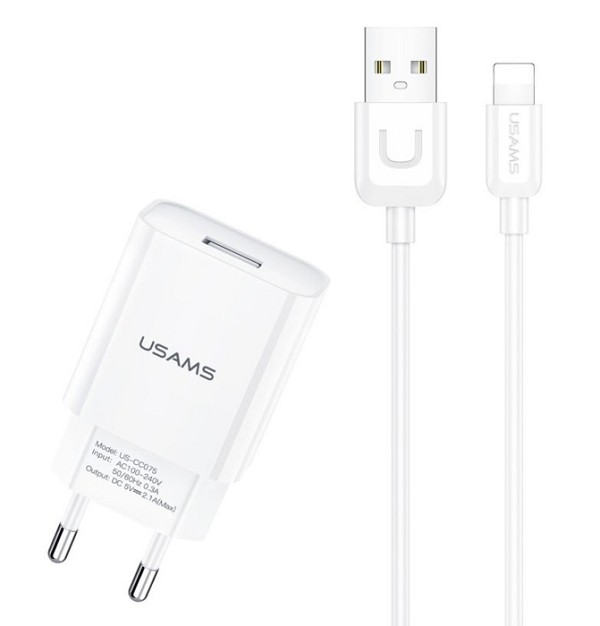 USAMS φορτιστής τοίχου T21OCLN01 με καλώδιο Lightning, USB 2.1A, λευκός T21OCLN01