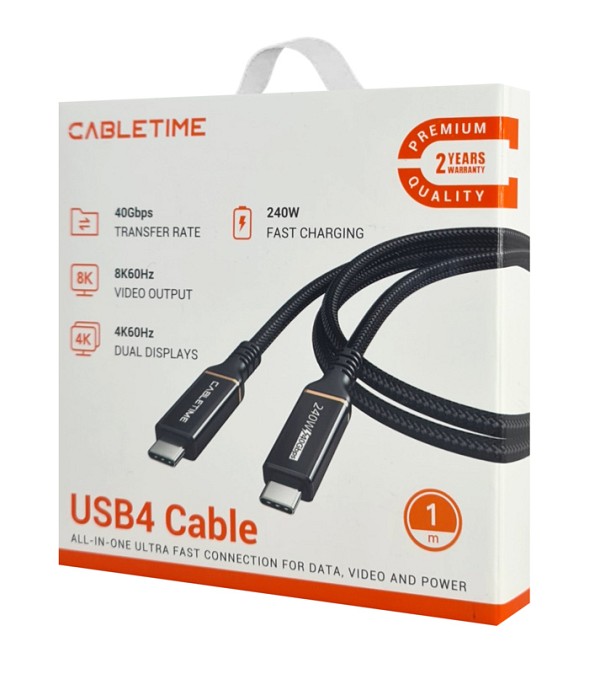 CABLETIME καλώδιο USB-C σε USB-C CT-USB4, 240W, 40Gbps, 8K/60Hz, USB4, 1m, μαύρο CT-USB4-AB1