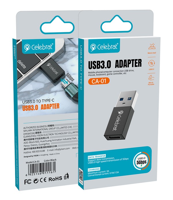 CELEBRAT αντάπτορας USB 3.0 σε USB-C CA-01, 3A, 5Gbps, μαύρος CA-01