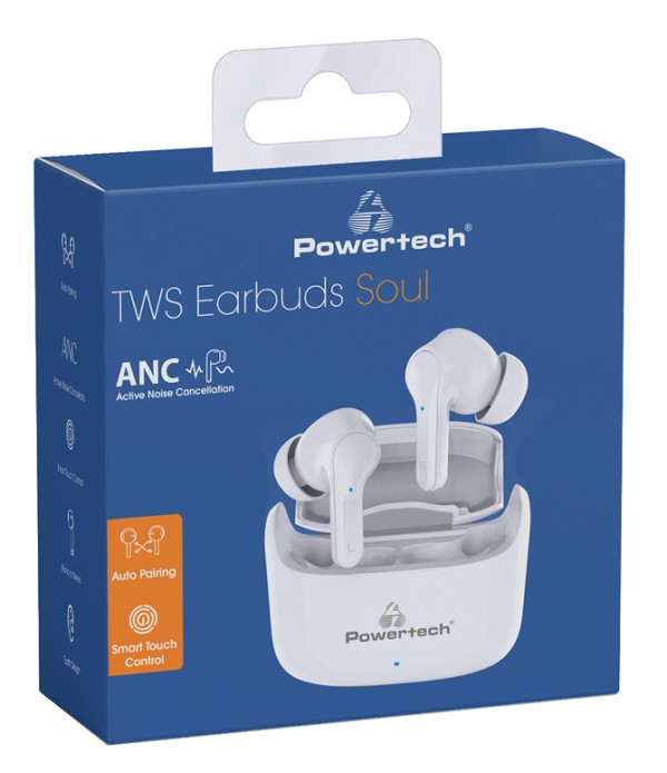 POWERTECH earphones με θήκη φόρτισης Soul, TWS, ANC, 45/400mAh, λευκά PT-1052