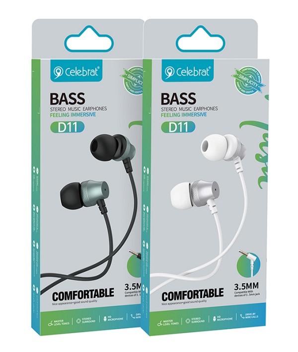 CELEBRAT earphones με μικρόφωνο D11, 3.5mm σύνδεση, Φ10mm, 1.2m, λευκά D11-WH