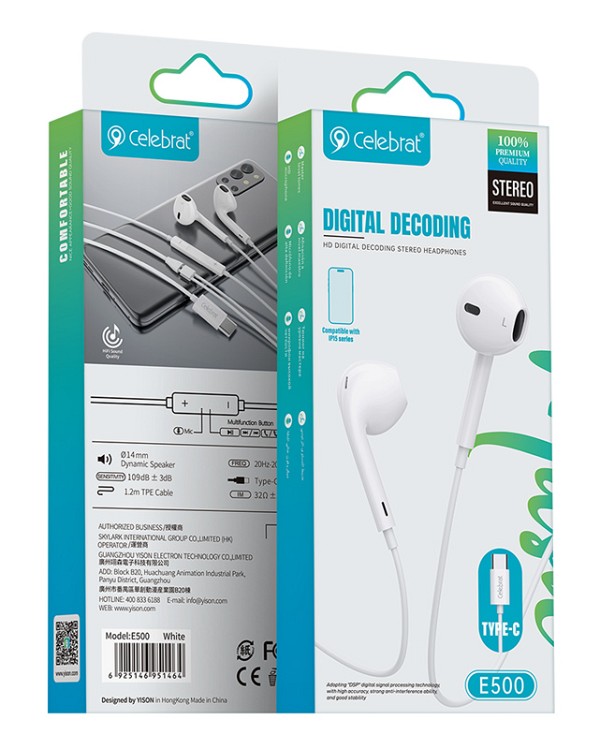 CELEBRAT earphones με μικρόφωνο E500, USB-C σύνδεση, Φ14mm, 1.2m, λευκά E500-WH