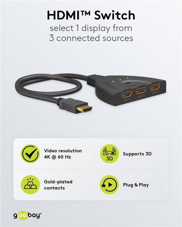 GOOBAY HDMI switch 58488, 3-in σε 1-out, 4K/60Hz, μαύρο 58488