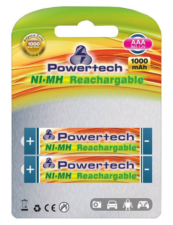 POWERTECH επαναφορτιζόμενη μπαταρία PT-159 1000mAh, AAΑ (R03), 2 τμχ PT-159