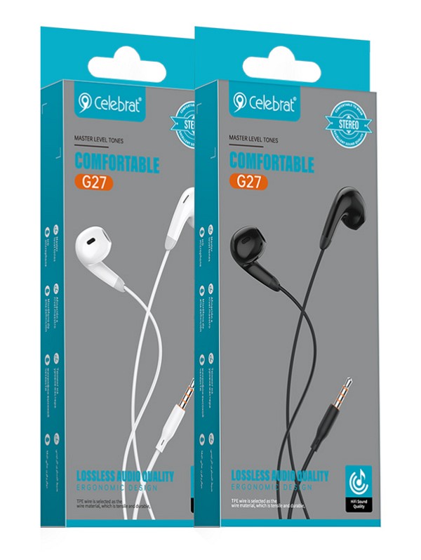 CELEBRAT earphones με μικρόφωνο G27, 3.5mm σύνδεση, Φ14mm, 1.2m, μαύρα G27-BK