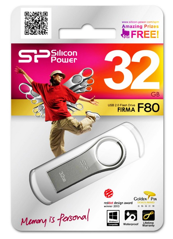 SILICON POWER USB Flash Drive Firma F80, 32GB, USB 2.0, ασημί SP032GBUF2F80V1S