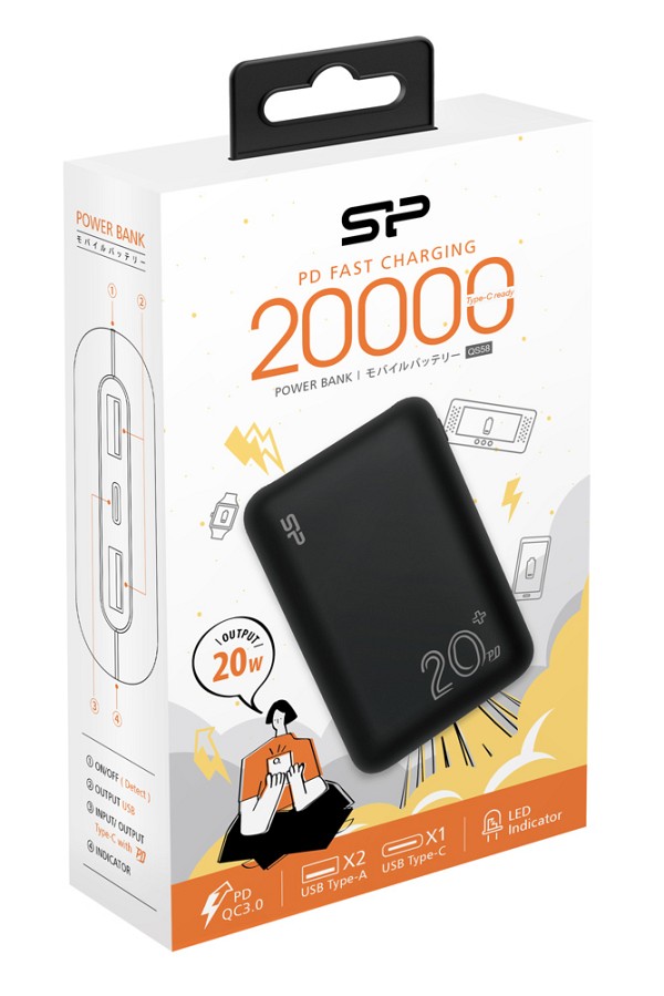 SILICON POWER power bank QS58, 1x USB-C & 2x USB, 20000mAh, 20W, μαύρο SP20KMAPBKQS580K