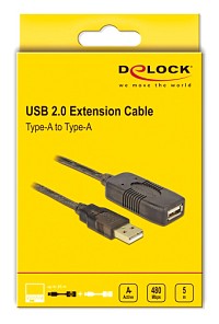 DELOCK καλώδιο USB 2.0 αρσενικό σε θηλυκό 82308, active, 5m, μαύρο 82308