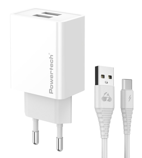 POWERTECH φορτιστής τοίχου PT-1324 με καλώδιο USB-C, 2x USB, 12W, λευκός PT-1324