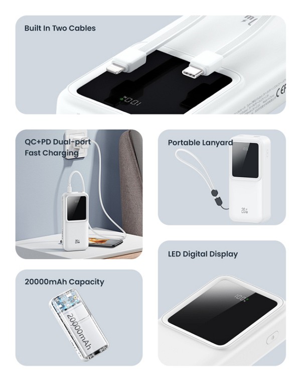 USAMS power bank US-CD212 με καλώδια, 4x έξοδοι, 20000mAh, 20W, λευκό 20KCD21202