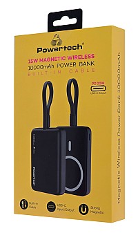 POWERTECH power bank PT-1376 με καλώδιο, 10000mah, magnetic wireless, 20W, μαύρο PT-1376